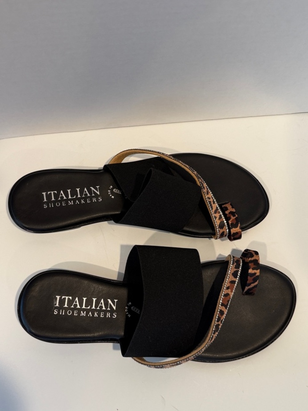 Italian Shoemakers Black Slides with Leopard Sparkle Accent Strap